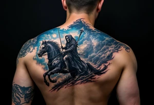A full-back piece of a Grim Reaper riding a black horse under a stormy indigo sky. tattoo idea
