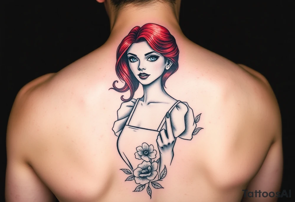 Old school Traditional pin up girl with red hair and blue eyes and wearing a white with blue flower milkmaid  style dress tattoo idea