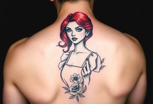 Old school Traditional pin up girl with red hair and blue eyes and wearing a white with blue flower milkmaid  style dress tattoo idea