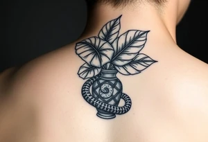 Decorative vase with monstera leaves and a snake wrapped around tattoo idea