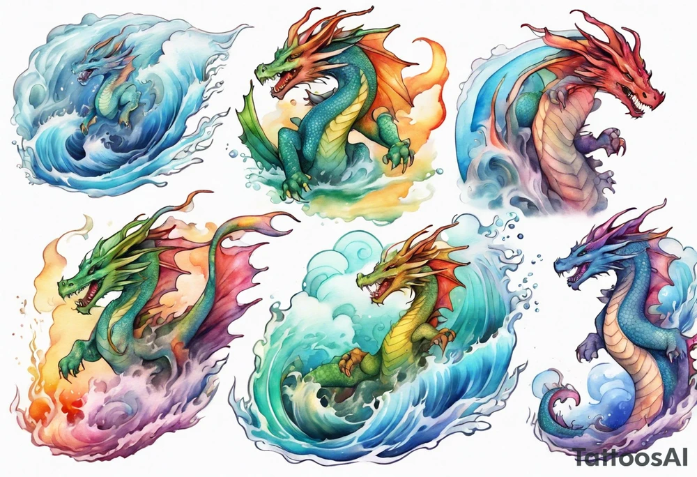 a beautiful rainbow colored female dragon rising from the waves of the sea tattoo idea