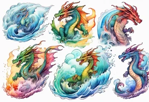 a beautiful rainbow colored female dragon rising from the waves of the sea tattoo idea