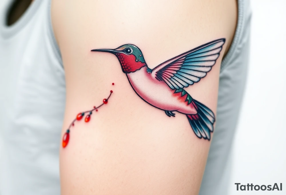 A hummingbird leaving a trail of glowing hieroglyphs as it flies(only red , blue and black are possible colors) tattoo idea