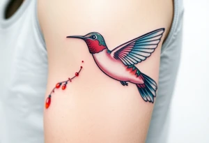 A hummingbird leaving a trail of glowing hieroglyphs as it flies(only red , blue and black are possible colors) tattoo idea