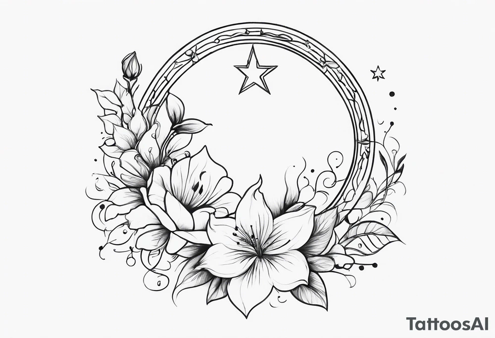 "Design a meaningful tattoo for my daughter Mia, born on June 28, 2011. Incorporate her name 'Mia' with symbols of love, such as a heart or infinity sign. Include elements representing her birthday, like a moon and stars for June (Cancer zodiac sign), and a blooming flower, such as a rose or lily, to symbolize her growth and beauty." tattoo idea