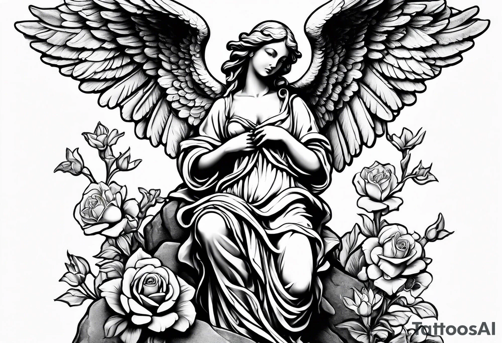 Angel statue stood on a rock with daffodils and roses wrapped around its legs tattoo idea
