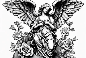 Angel statue stood on a rock with daffodils and roses wrapped around its legs tattoo idea