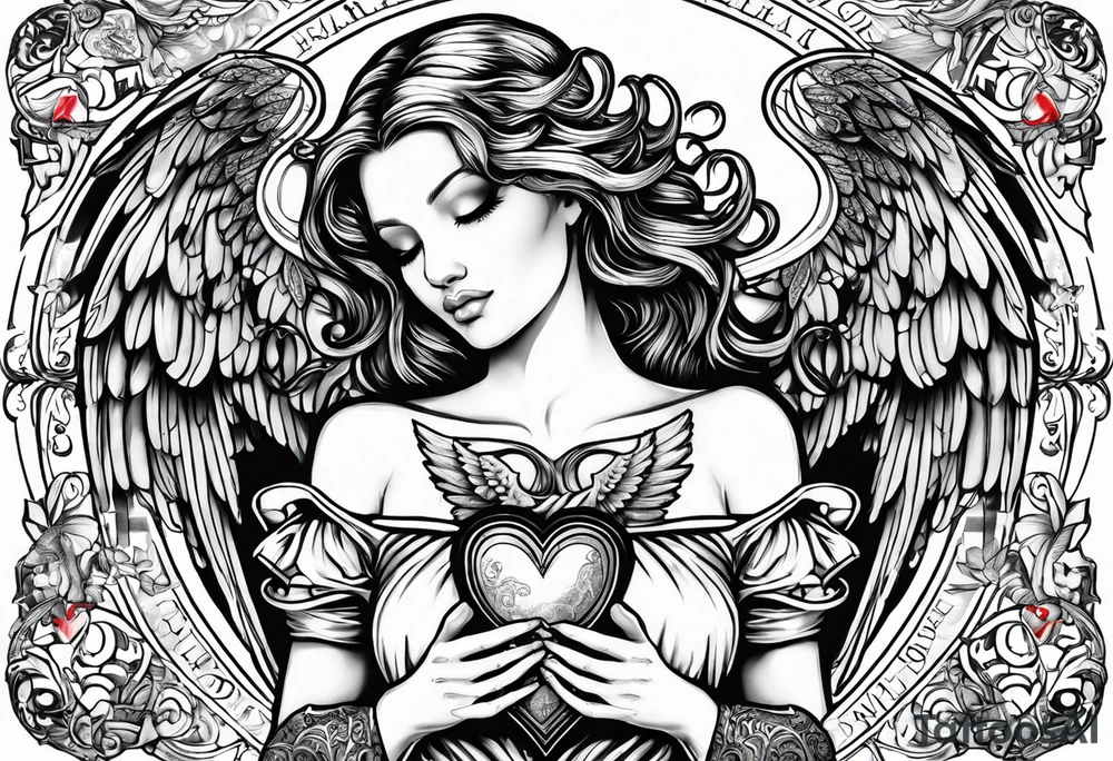 angel holding a heart in both her arms, name Leah is written in gothic letters. tattoo idea