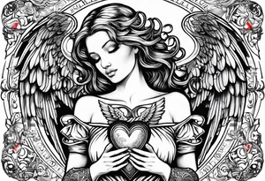 angel holding a heart in both her arms, name Leah is written in gothic letters. tattoo idea