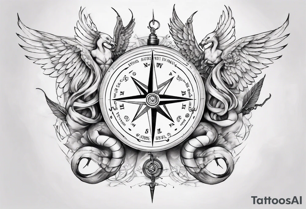 Compass tatoo with Gemini angels and snake tattoo idea