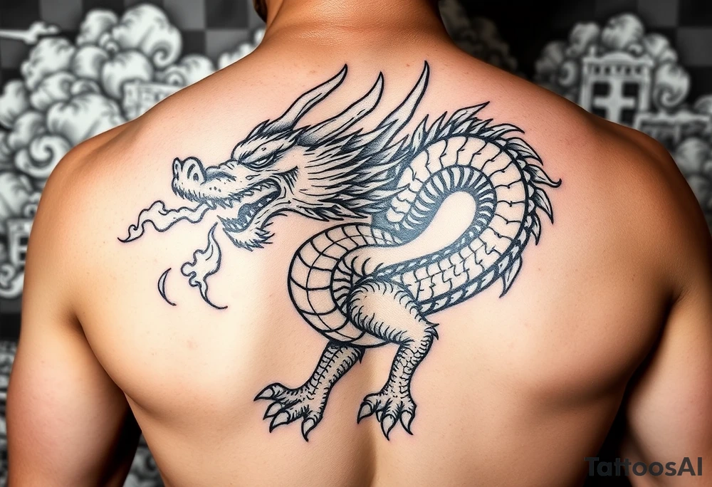 fierce dragon breathing iridescent fire against stormy skies tattoo idea