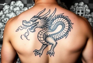fierce dragon breathing iridescent fire against stormy skies tattoo idea