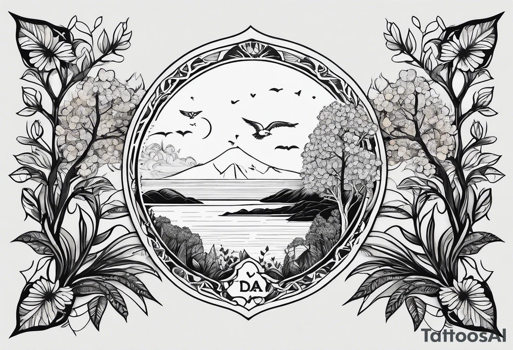 Small norma arm tattoo. Black kite (Daya's name), nature (trees/sea), small sunflower. Soft colours tattoo idea