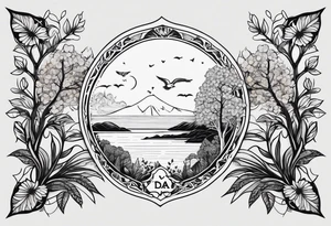 Small norma arm tattoo. Black kite (Daya's name), nature (trees/sea), small sunflower. Soft colours tattoo idea