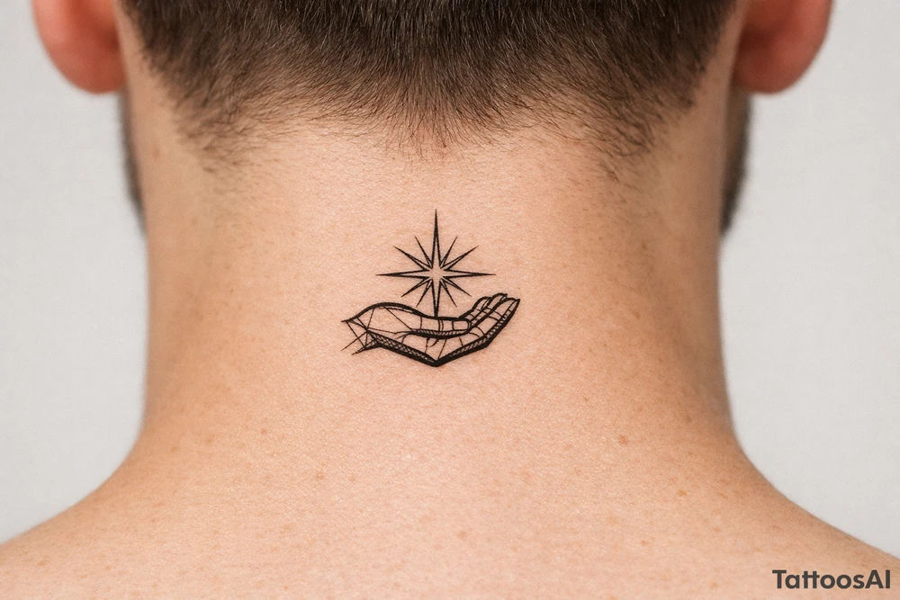 Geometric hand silhouette cradling a vibrant starburst with sharp lines. Single needle style. tattoo idea
