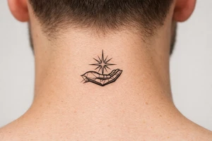 Geometric hand silhouette cradling a vibrant starburst with sharp lines. Single needle style. tattoo idea