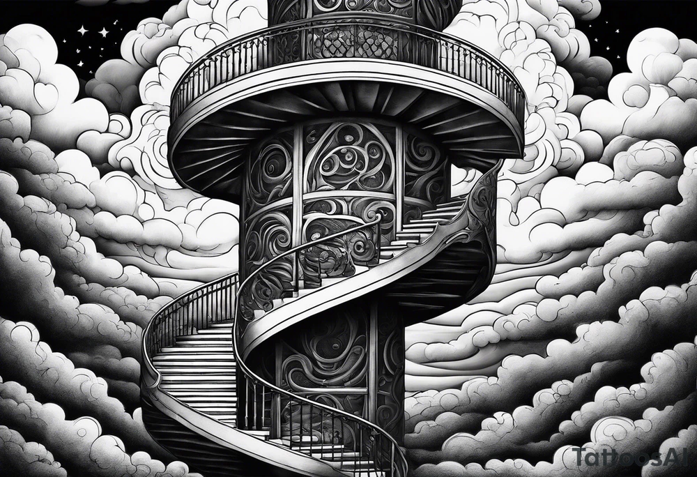 Human Walking a spiral stair case into the clouds tattoo idea