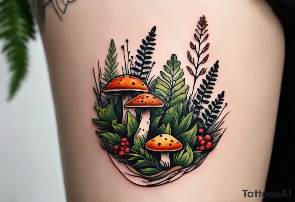 minimalistic forest floor inspired tattoo, which includes grass, moss, curly ferns and dead leaves as the bulk of the tattoo. details to include: forest berries, couple of very small brown mushrooms, a tiny bumblebee flying nearby tattoo idea