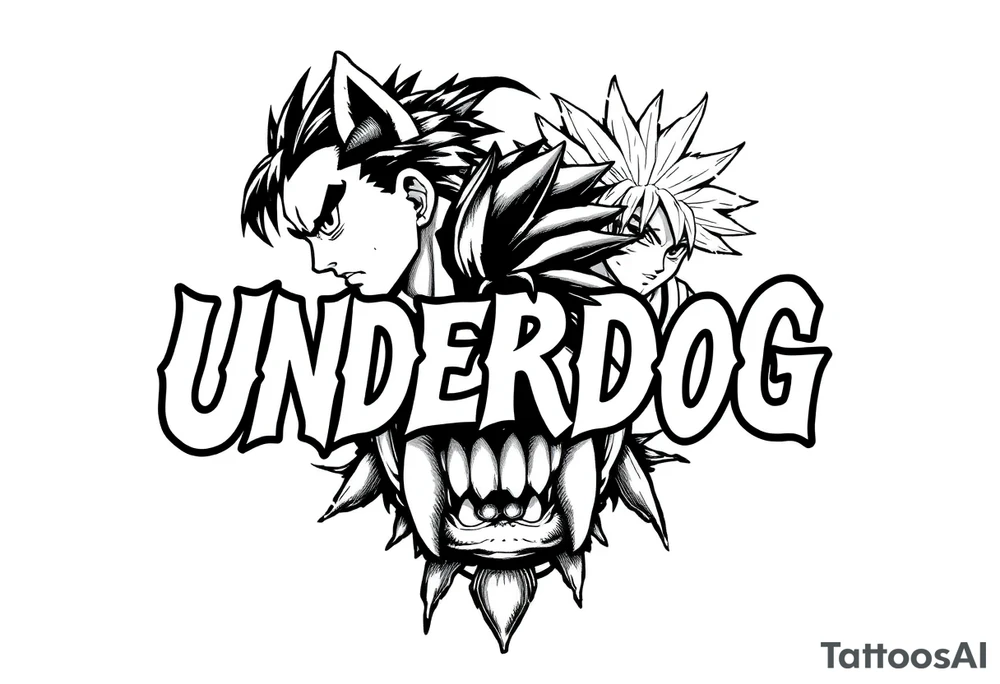 the word underdog in a with 3 anime characters Ippo and Naruto and son Goku tattoo idea