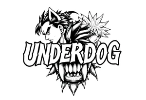 the word underdog in a with 3 anime characters Ippo and Naruto and son Goku tattoo idea