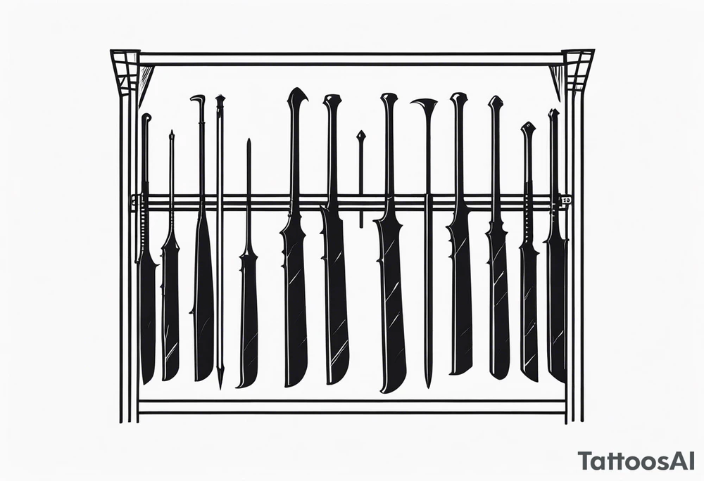 A weapons rack with 4 bats hanging from 4 of the 6 open spaces. tattoo idea
