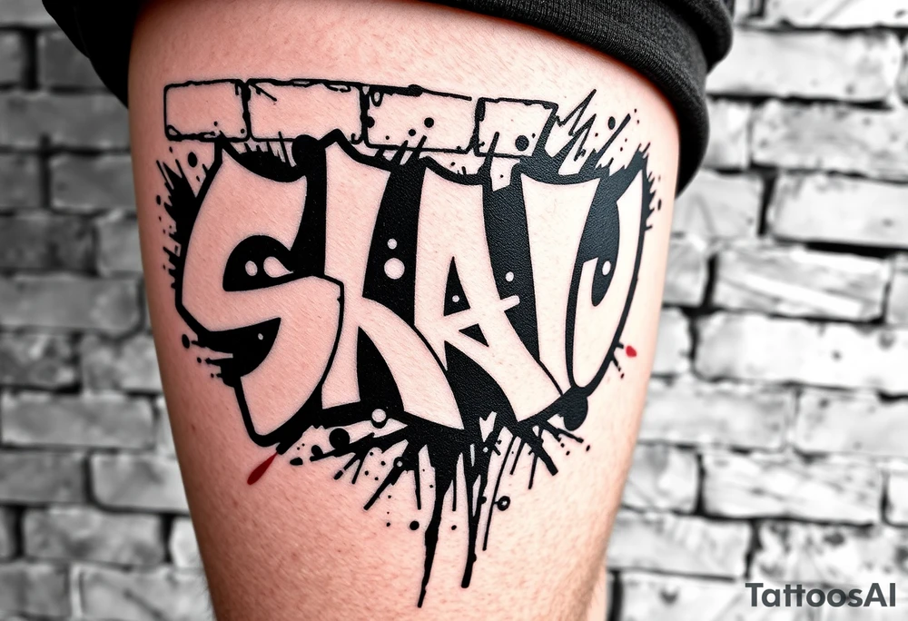 Graffiti style tattoo FULL thigh Using brick wall as a background and then graffiti Over the top, I do not want a lot of color so just primarily black white and gray with a little bit of red tattoo idea