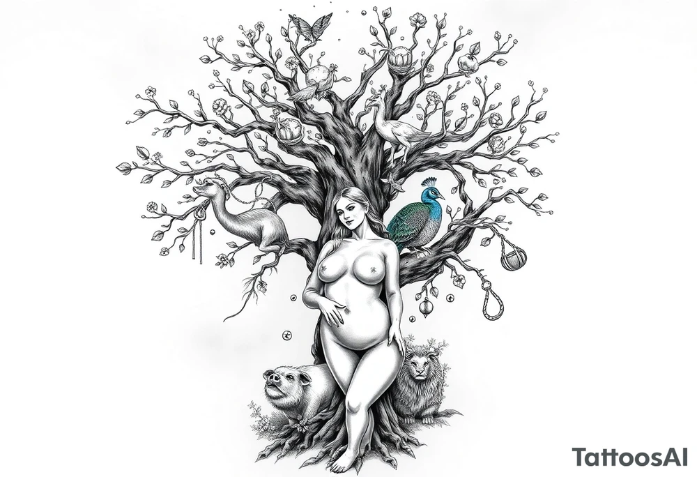 mystical tree  with cosmic  branches fat naked sexy woman , peacock , pig , cupcakes, liquor, cigerette, Storm clouds, pig, peacock , fat sexy naked fat woman, cupcakes, noose , money, goat lion, couple having sex, cigerette storm lightening, killing, darkness death, violent majestic creatures and fat naked girl tattoo idea