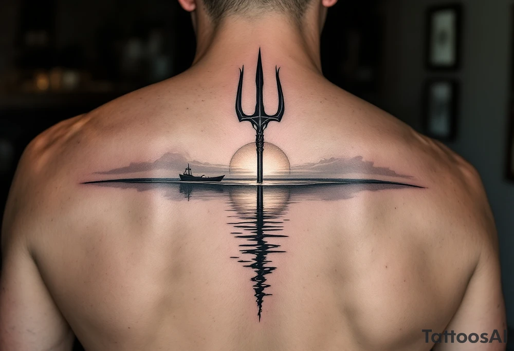 trident half way under calm water with sanger boat and sunset tattoo idea