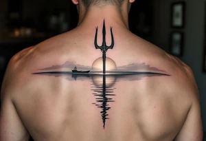 trident half way under calm water with sanger boat and sunset tattoo idea