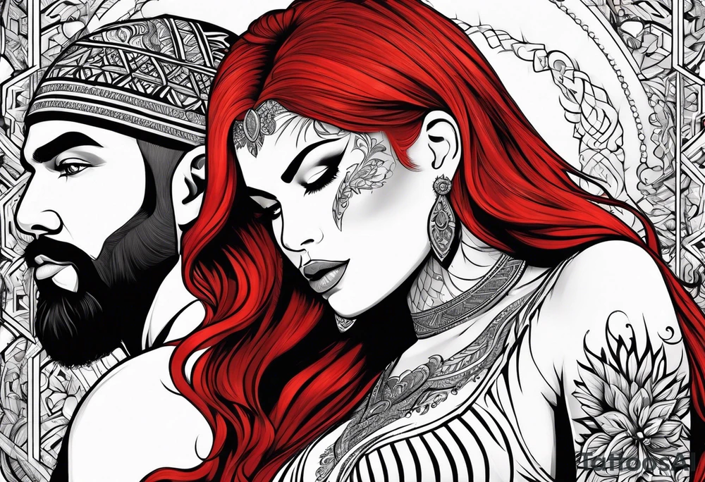 Busty red haired woman with a bearded man who has black hair tattoo idea