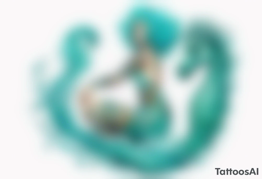 a tall woman made of water with turquoise hair riding a seahorse tattoo idea