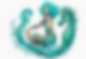 a tall woman made of water with turquoise hair riding a seahorse tattoo idea