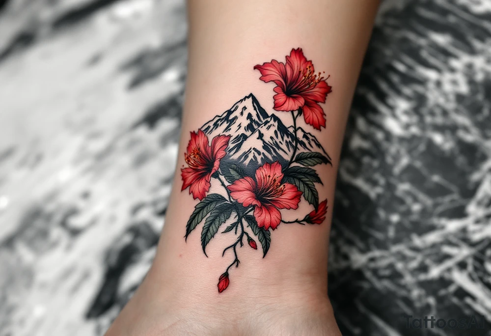 vertical wrist size red  and black rhododendron trippy with Himalayas behind tattoo idea