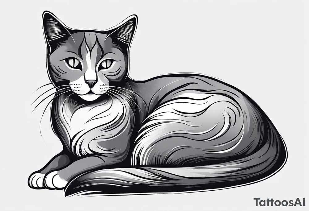 Simple line drawing of a grey cat white some small white patches on her belly and white paws. Face is all grey.  I want her curled up sleeping. She has short hair. tattoo idea