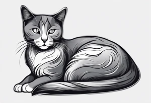 Simple line drawing of a grey cat white some small white patches on her belly and white paws. Face is all grey.  I want her curled up sleeping. She has short hair. tattoo idea