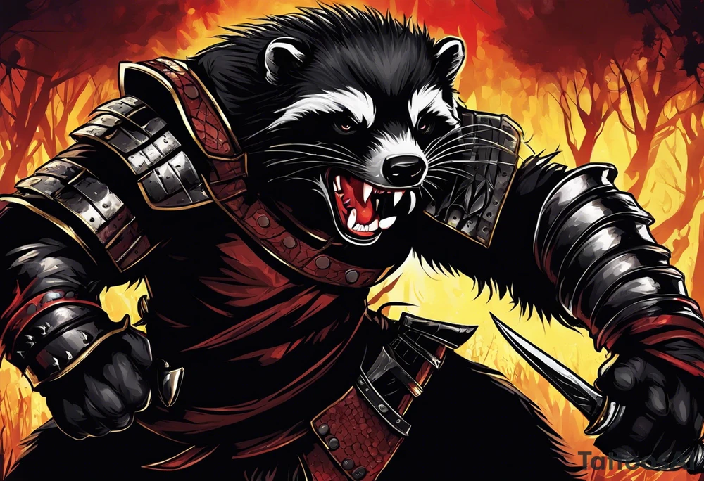 Draw me psychopath Honey Badger/Berserker/Assassin with aggressive full body, killer face with a scary smile, very long nails and he attacks like a Bloody Assassin/Warrior/Gladiator to us and also, he has very deadly looking. He fights with his nails only. Everybody scares after their first sight. Give me horror type Badger Tattoo. I want to see his Realistic full body with no weapons. You can show destruction at the back. tattoo idea