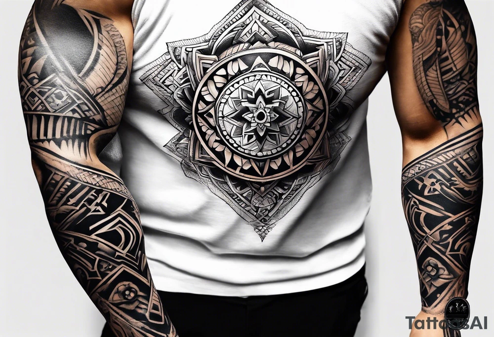 arm sleeve for a man. tribal tattoo style, symmetric, white background tattoo idea