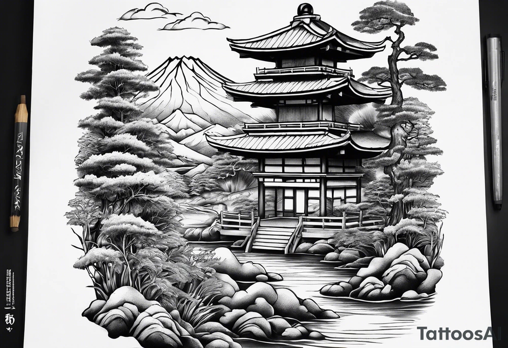 Japanese motives tattoo looking like a scenery tattoo idea
