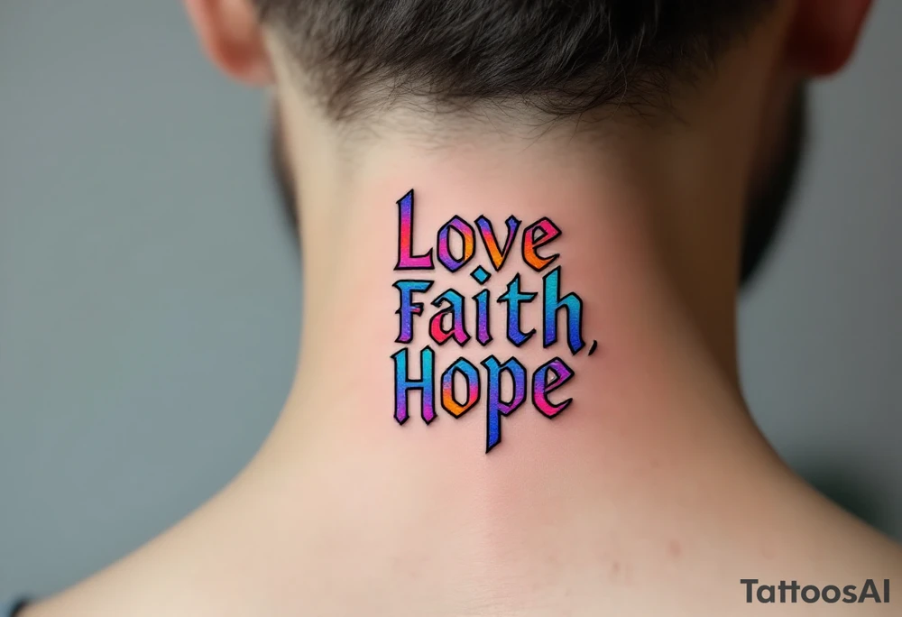 "Love, Faith, Hope" in stacked formation with thin black bars separating each word and soft gradient fills inside. tattoo idea