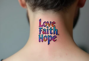 "Love, Faith, Hope" in stacked formation with thin black bars separating each word and soft gradient fills inside. tattoo idea