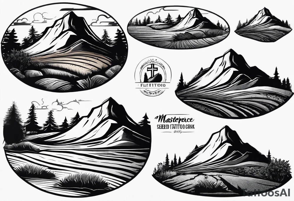 Create a tattoo of a flat topped rock Ebenezer with a base under the ground line that is pointed and deep, surrounded by freshly tilled and raked soil ready to be planted and under ground in front of the rock, a seed planted and pushing through the soil tattoo idea