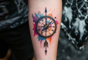 Rustic half compass half clock with and long native American arrow pointing at my wrist with the words “True North” tattoo idea