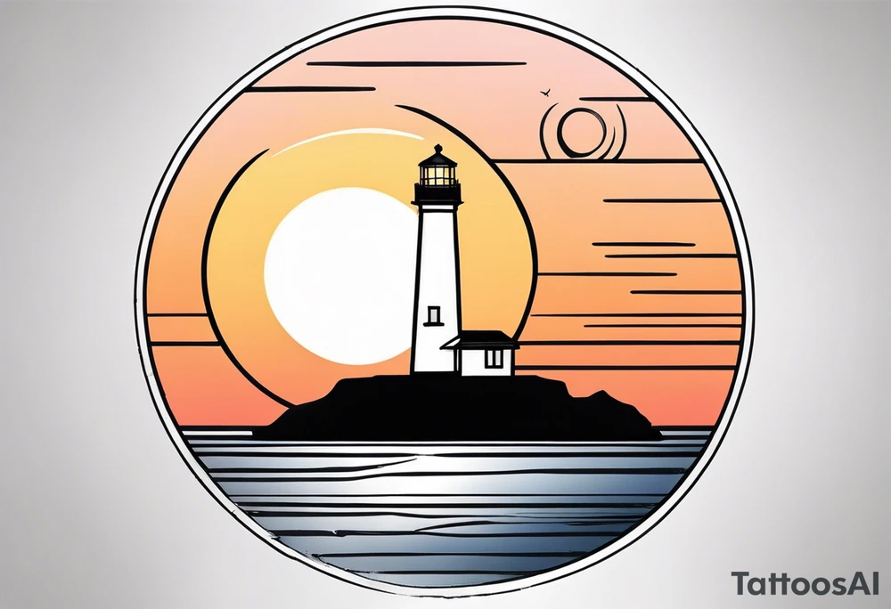 lighthouse a bit realist, sunset, circle framed tattoo idea