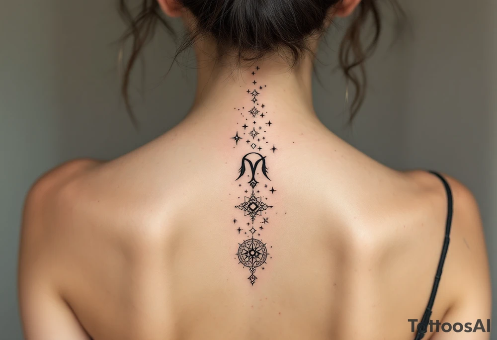 The Virgo glyph in black anchors a trail of pastel-colored stars that form the constellation on the upper spine. tattoo idea