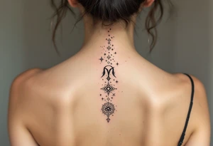 The Virgo glyph in black anchors a trail of pastel-colored stars that form the constellation on the upper spine. tattoo idea
