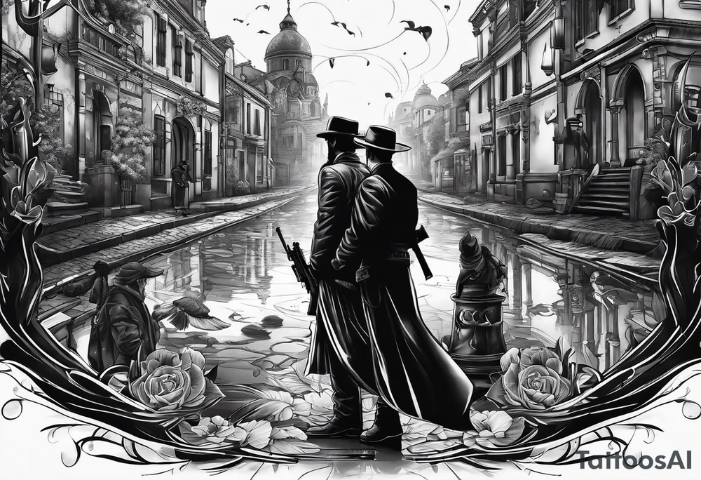 In the reflection of a eye two black siloets of people holding guns one man dead on the ground with a wounded woman standing behind him tattoo idea