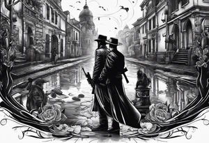 In the reflection of a eye two black siloets of people holding guns one man dead on the ground with a wounded woman standing behind him tattoo idea