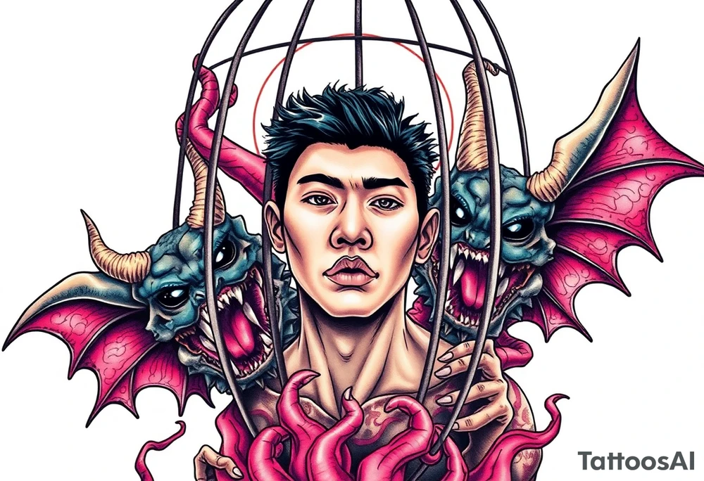 Handsome Asian young guy in demons cage tattoo idea