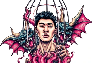 Handsome Asian young guy in demons cage tattoo idea