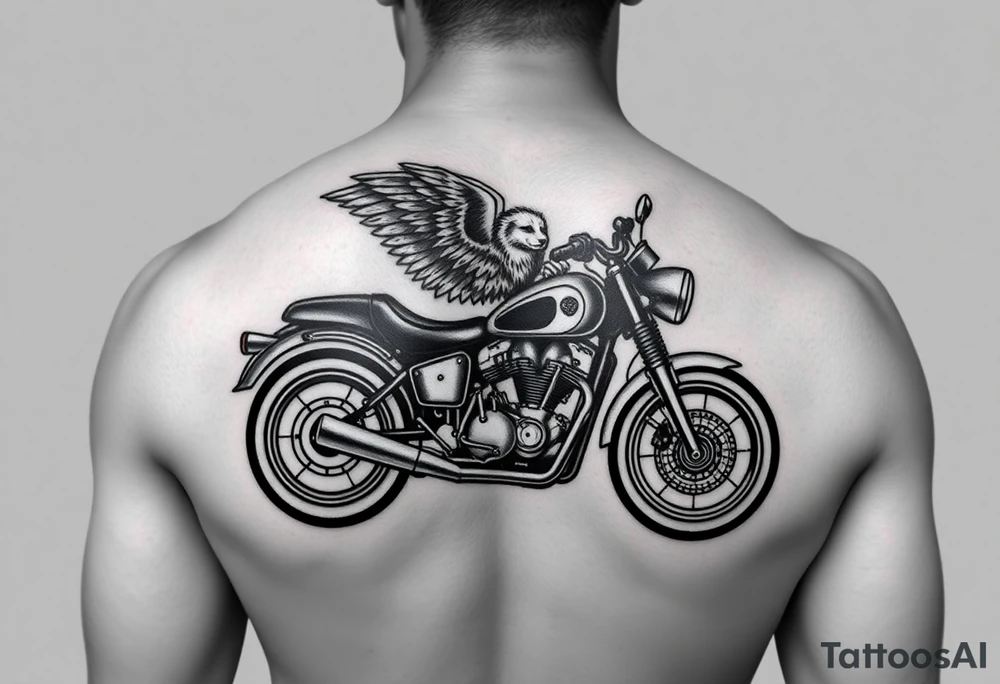 a motorcycle on it with guardian angel wolves on the bike tattoo idea